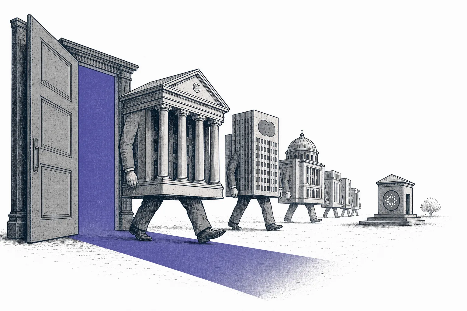 A large door that has just swung open, with banks and giant financial firms lining up to enter the courtyard of a digital mint that once had only a few players.