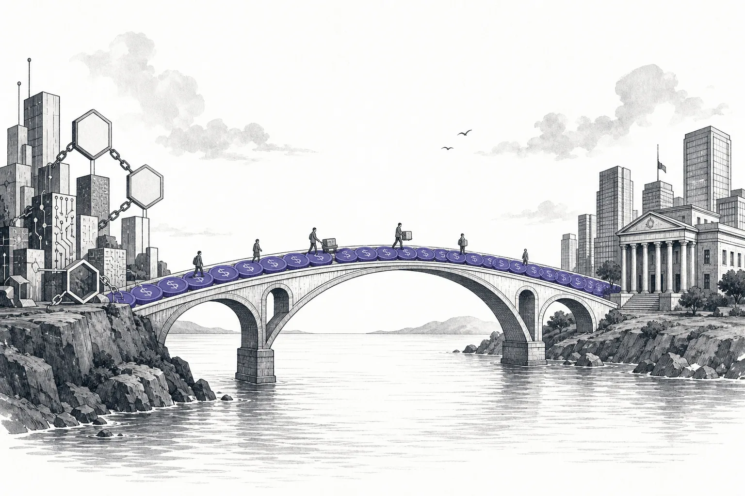 A bridge connecting two banks. One side is the crypto world made of blocks and circuits, the other is buildings of banks and traditional finance high-rises. Digital dollar coins lie as the bridge's deck, joining the two worlds together.
