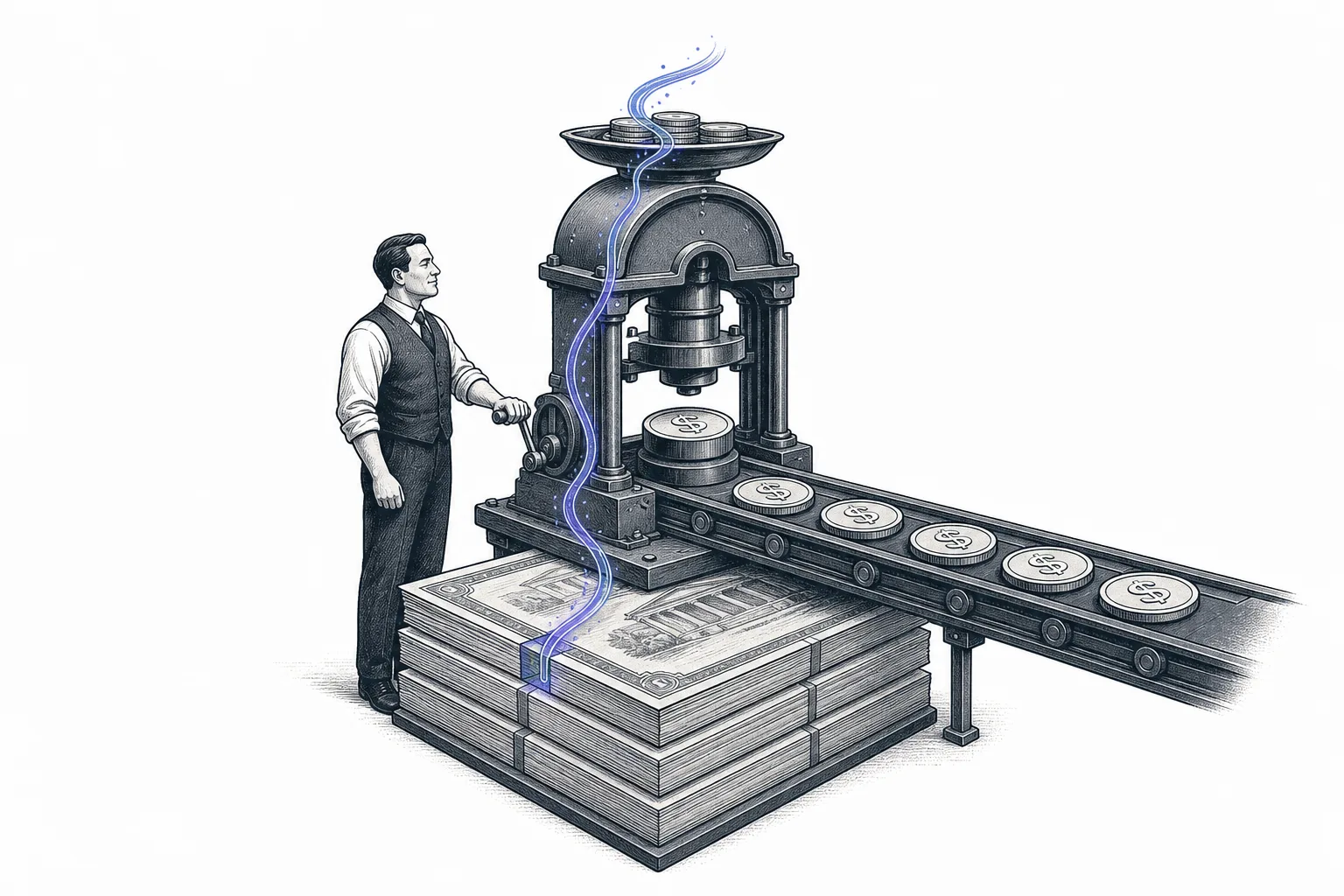 A digital mint stamping out dollar coins one at a time. Below it, a stack of government bonds holds it up, and a beam of interest flows back up to the issuer standing at the controls.