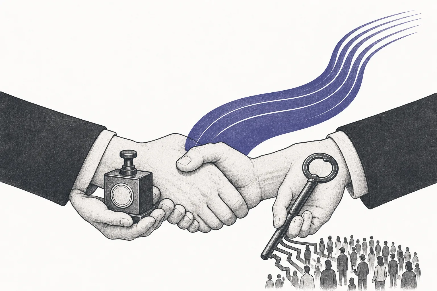 Two hands clasp together. One holds the mold for a digital-dollar coin, the other holds a key that connects to a large crowd of users. Between the two hands, a thread of interest flows back more heavily toward the side holding the key — depicting a deal where the distributor takes a bigger share than the issuer.