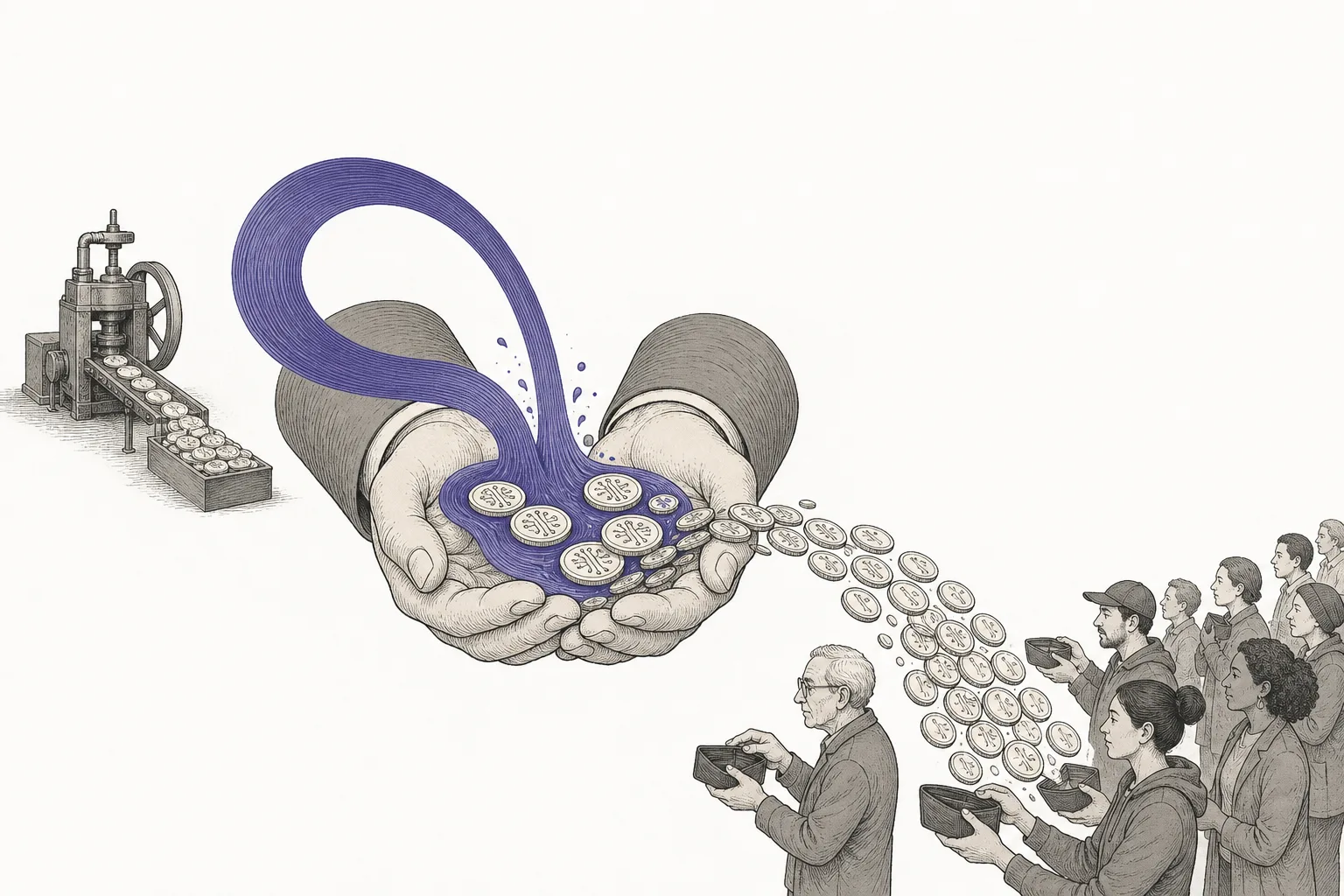 Many people hold digital wallets in their hands. Digital-dollar coins flow out from a coin-minting machine on one side, pass through the hands of a distribution platform in the middle, and then most of the interest light flows back to that distribution platform — not back to the issuer.