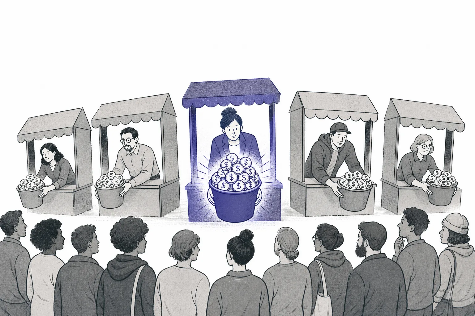 Several payment apps and exchanges stand in a row, holding out buckets overflowing with digital-dollar coins to a crowd, to attract people to deposit their coins with them — depicting the competition to pay rewards in order to grab balance.