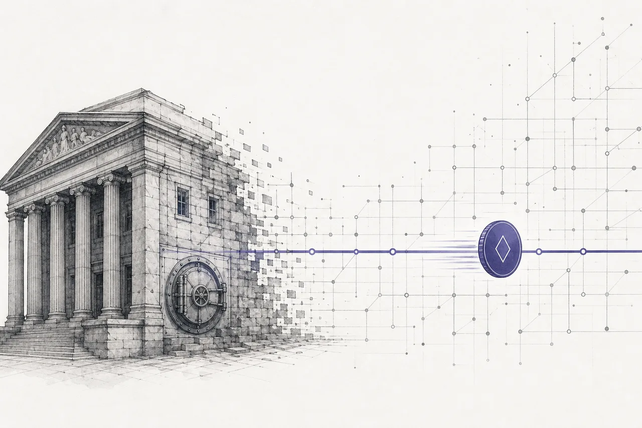 An old marble bank building slowly melting into a thin grid of lines that carries assets across it as streaks of moving light, around the clock