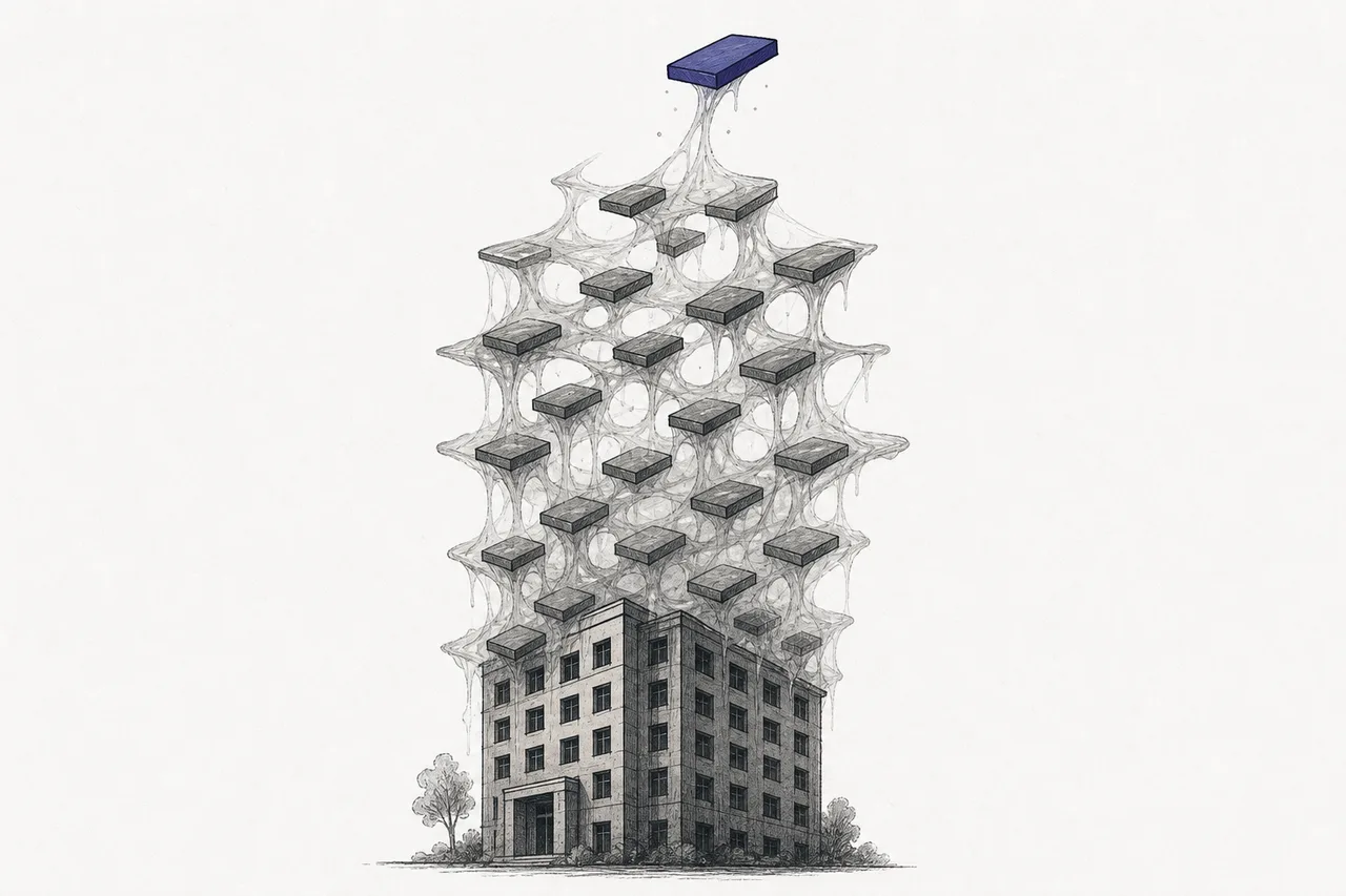 A building sliced into small token shards floating up, but the shards stay stuck as if sunk in sticky rubber, unable to move