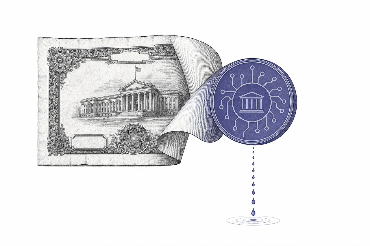 A stiff paper government bond gets wrapped into a smooth round digital coin that spins and drips out interest as tiny droplets every second