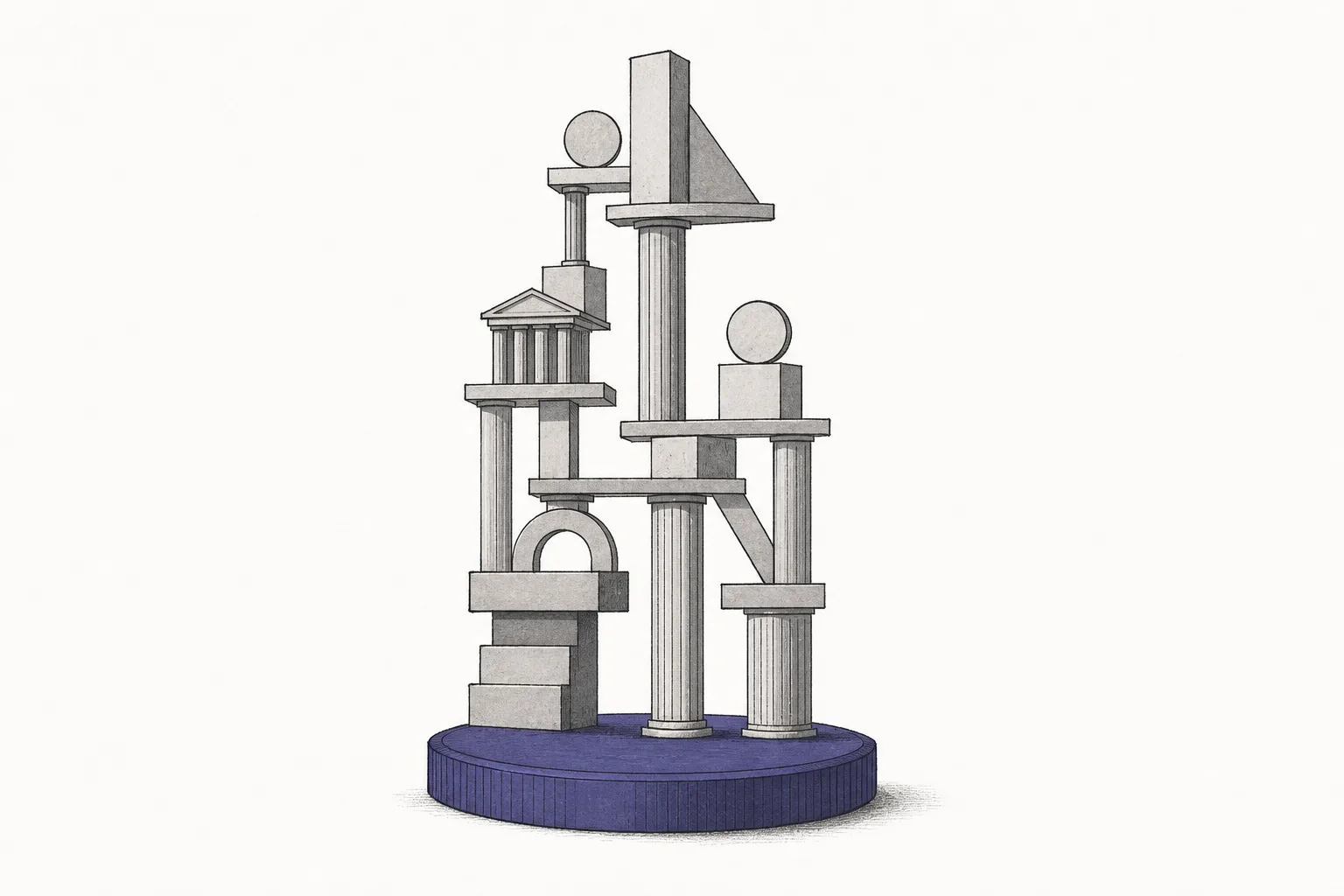 A single digital bond coin is set down as a solid foundation, with the structures of other financial products stacked on top like sturdy pillars, representing bond tokens becoming the system's standard collateral.