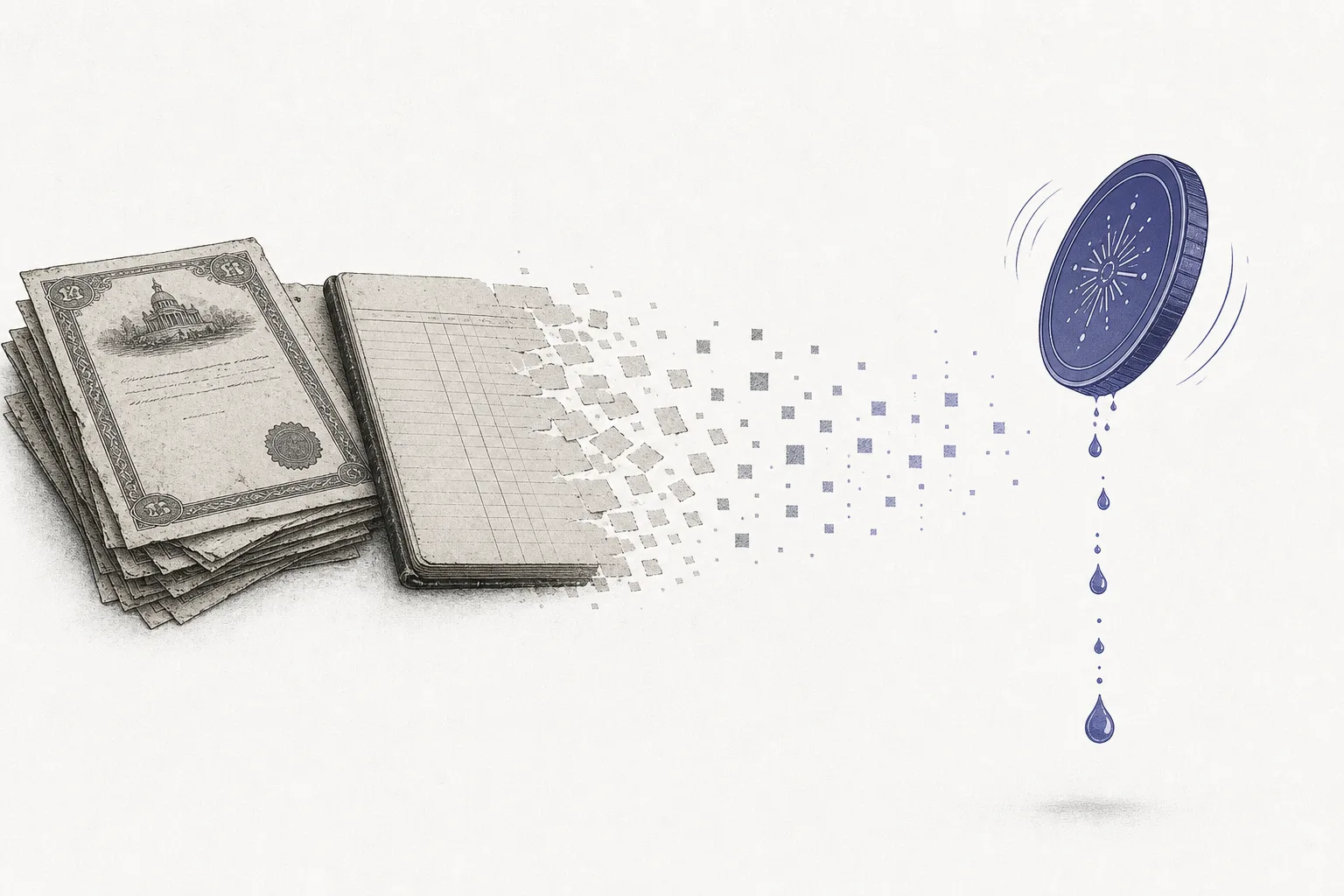 Plain paper bonds and an old fund ledger slowly transform into smooth, round digital coins that continuously pay out interest as small drops, over and over.