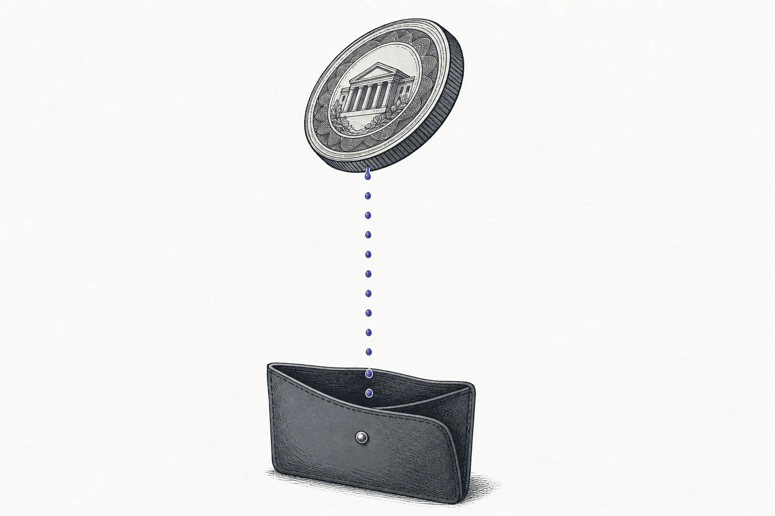 A digital bond coin slowly spins as small drops of interest flow continuously from the rim of the coin down into a digital wallet below, representing automatic interest payment on-chain.