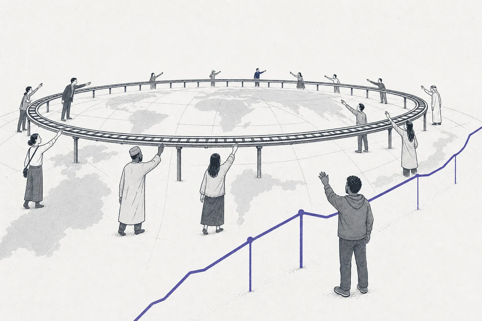 People from many parts of the world reach toward an always-open stock rail, but a border line walls off some countries — conveying tokenized stock that's open to the world yet still blocked by some countries' laws