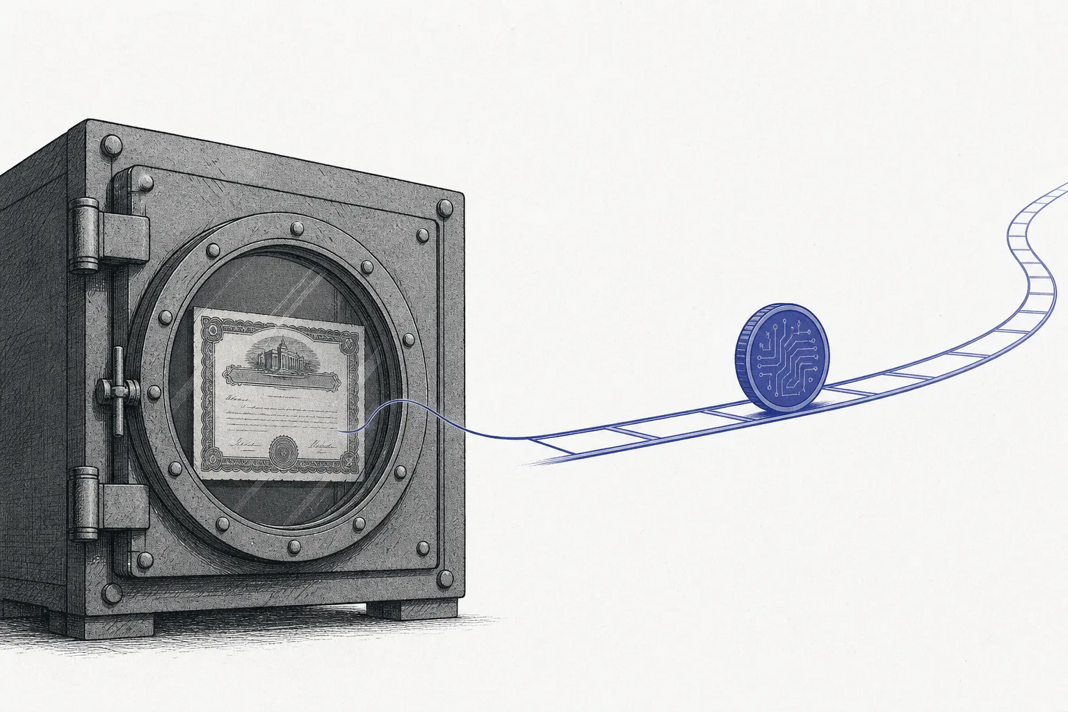 An old paper stock certificate is locked inside a custodian's vault, while its digital twin floats out as a glowing token, running along rails that are always open
