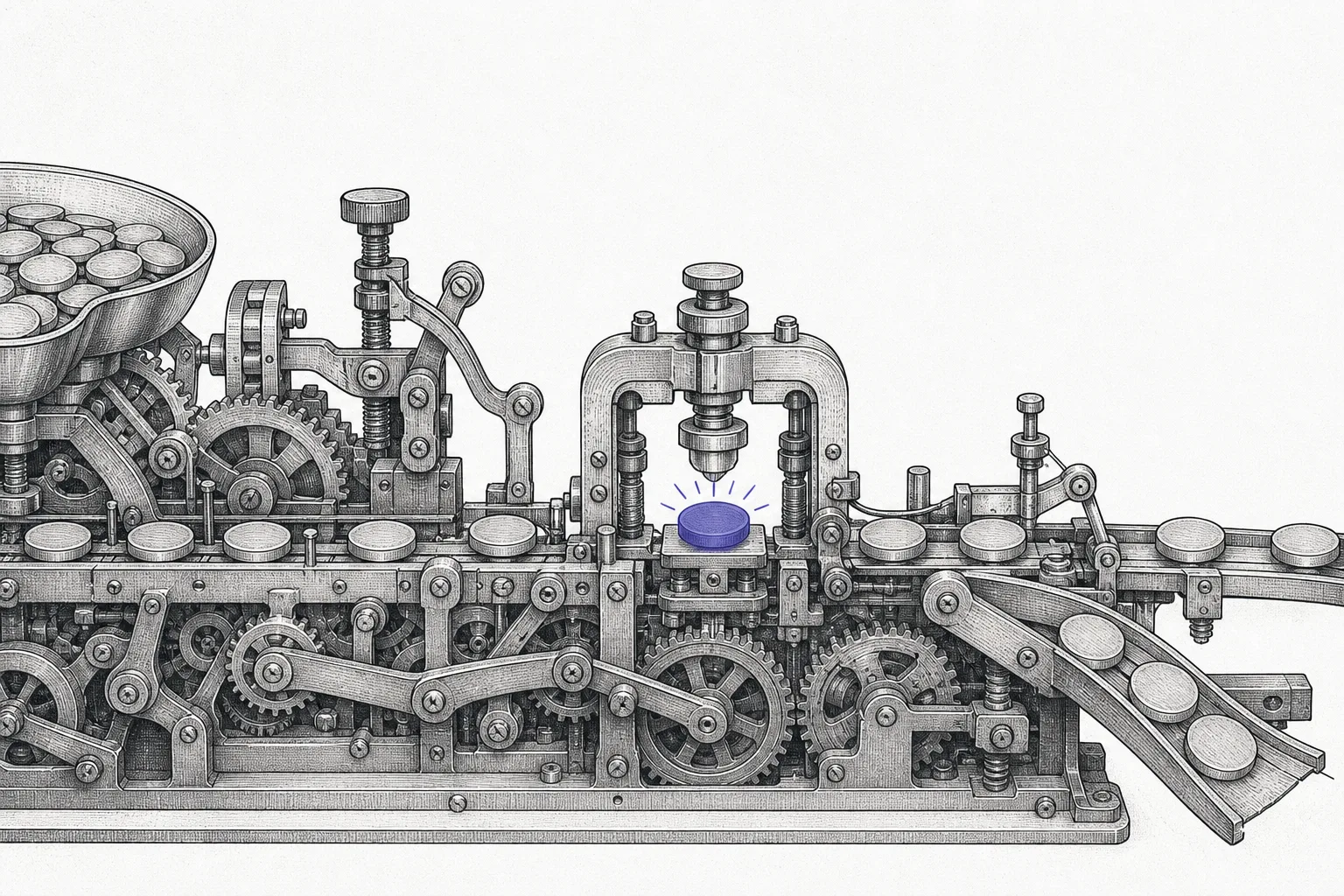 An unseen mechanical machine inspects and stamps each token with a seal of approval before letting it run through a gate — conveying the rails of rules and registers behind tokenized stock
