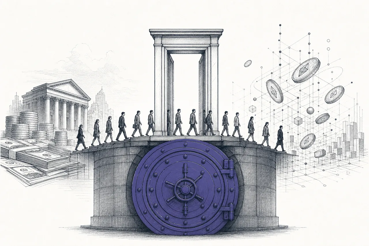 A massive entry gate: one side is the ordinary world of cash, the other the world of digital assets, with a thick, heavy vault standing behind the gate.