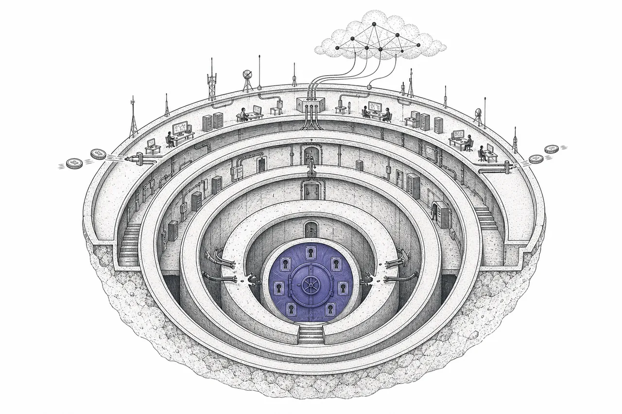 A multi-layered vault: the outer layer connects to the online world, while the innermost layer is completely cut off from the internet and needs several keys turned at once.
