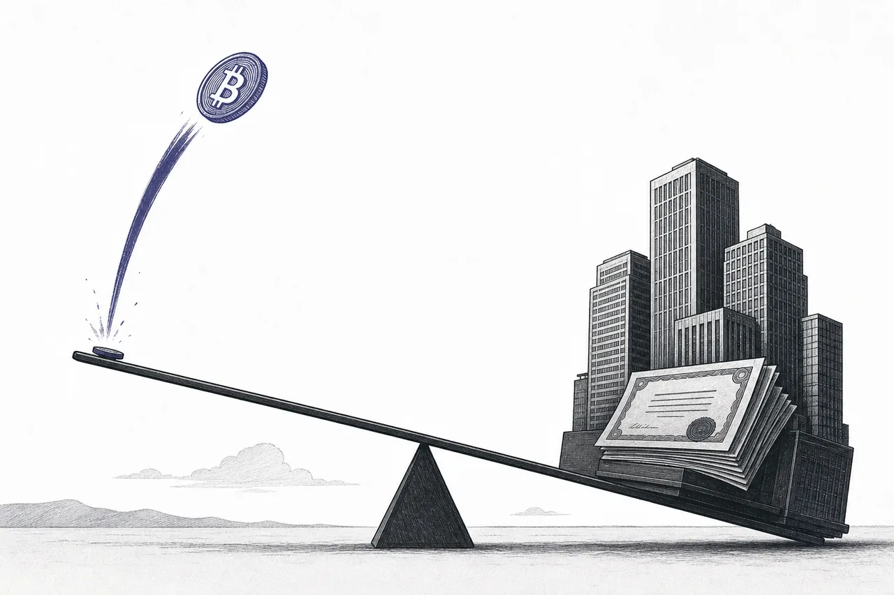 A small Bitcoin coin placed on the end of a long lever, with a corporate building as the counterweight pressing down the other end, flinging the coin unrealistically high