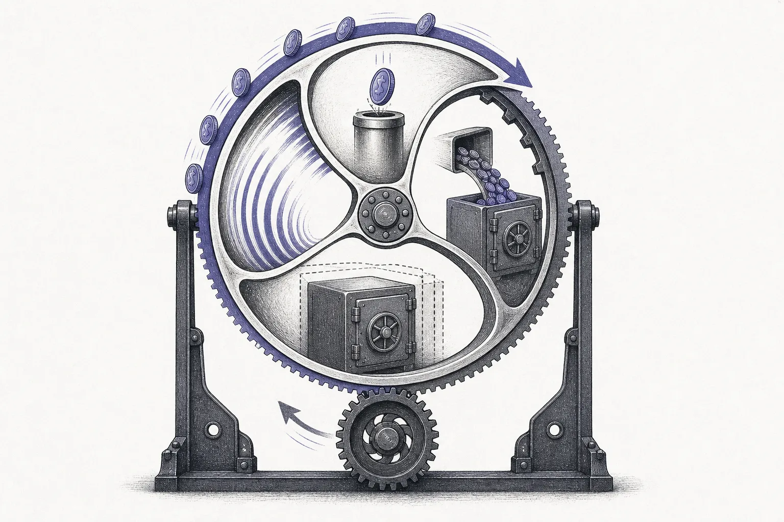 A large machine wheel spinning and feeding itself, each spoke a step of raising money and buying Bitcoin, while a small gear below starts turning in reverse