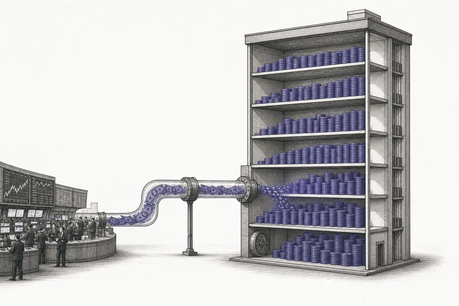 An office building whose interior is filled with tall stacks of Bitcoin coins instead of products or machinery, with pipes of money flowing in from the stock market outside and being converted into coins the moment they arrive