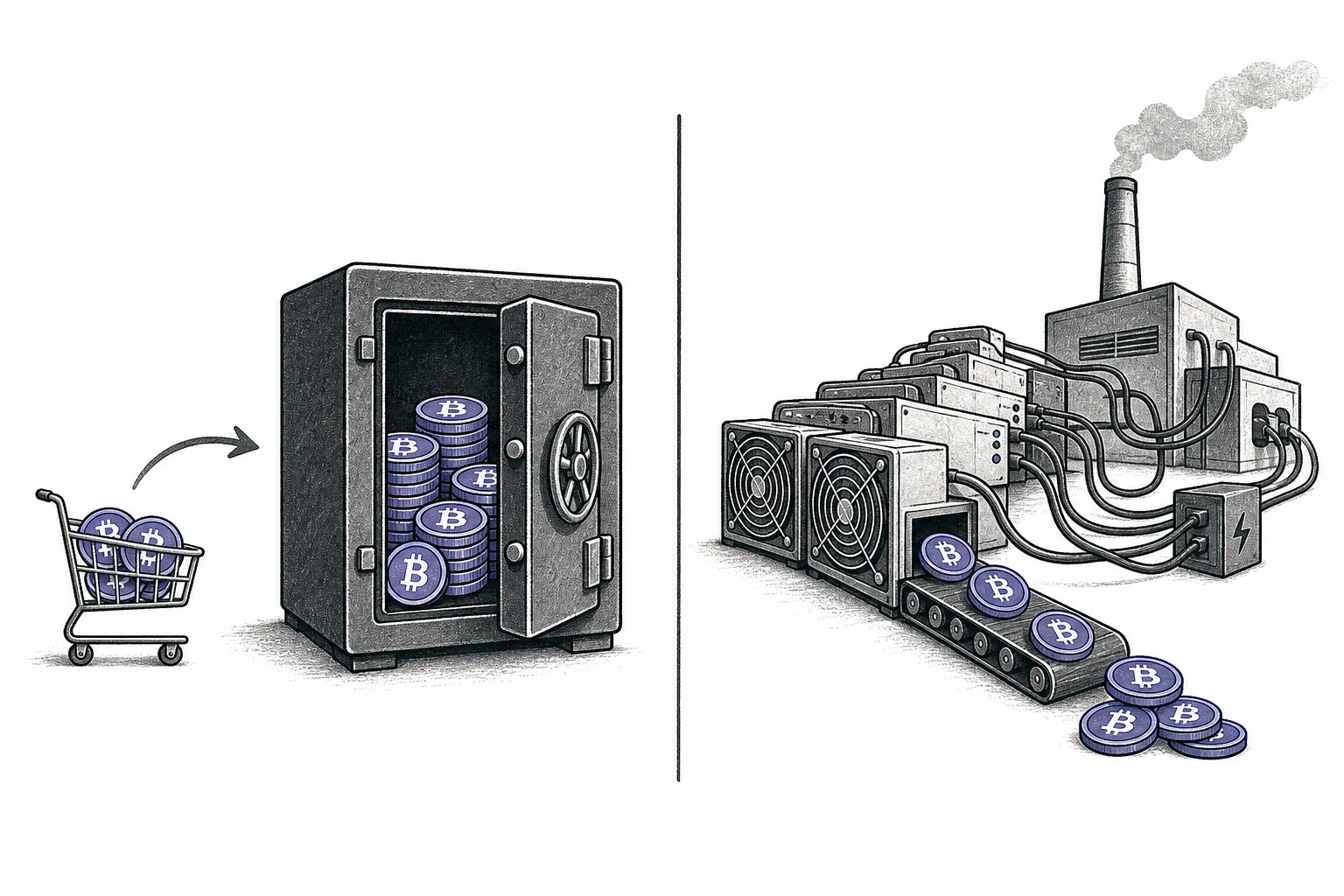 A picture comparing two sides: one a vault holding only Bitcoin bought from the market, the other a mining plant with rigs and wiring producing Bitcoin itself