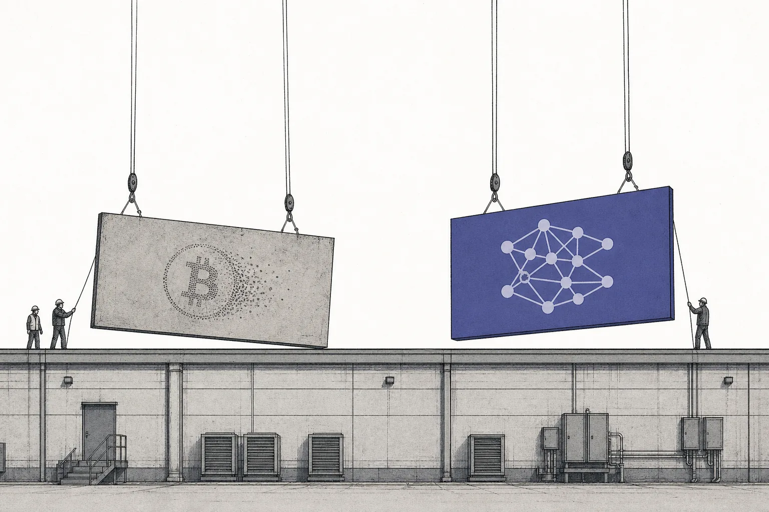 The old Bitcoin-mine factory sign is being taken down, and a new AI data center sign gradually lights up to replace it on the same building, representing the company changing its identity.