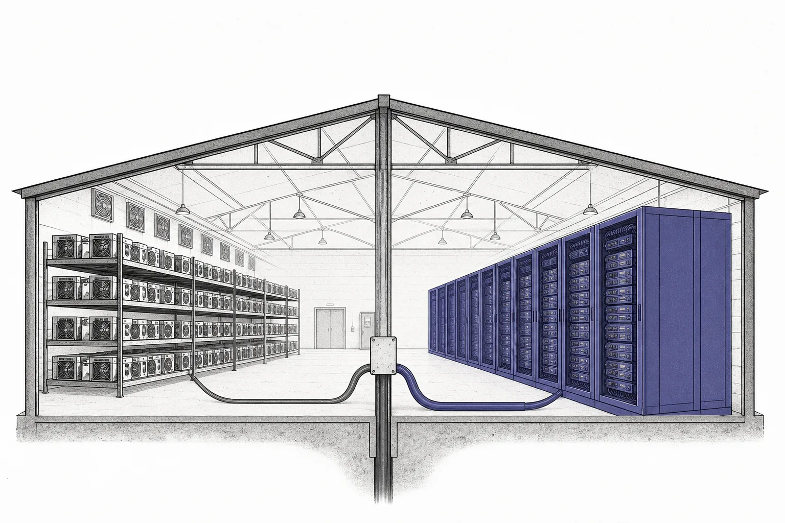 One huge machine warehouse is split down the middle. One half is full of rows of Bitcoin miners; the other is racks of AI processing cards, with a single thick power cable feeding both sides.