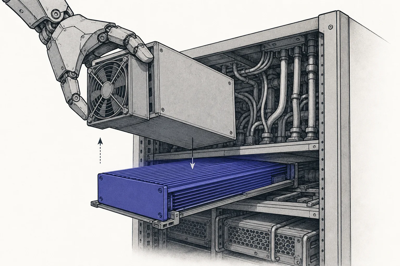 A large robotic arm lifts a boxy Bitcoin miner out of a rack and replaces it with a glowing AI processing card in the same slot, representing swapping miners for AI chips.