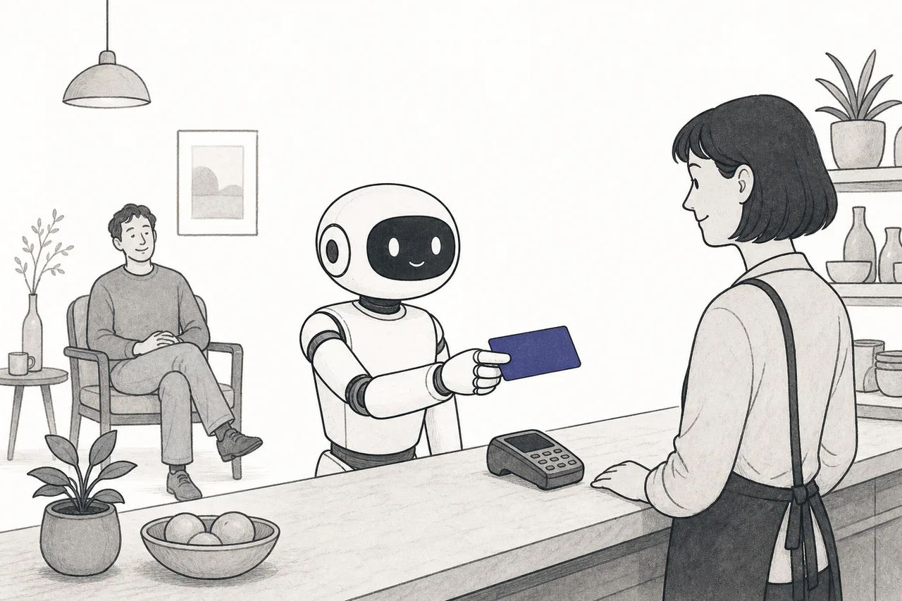 A small assistant robot stands at the checkout holding a card, paying on behalf of a human who watches from a trusting distance.