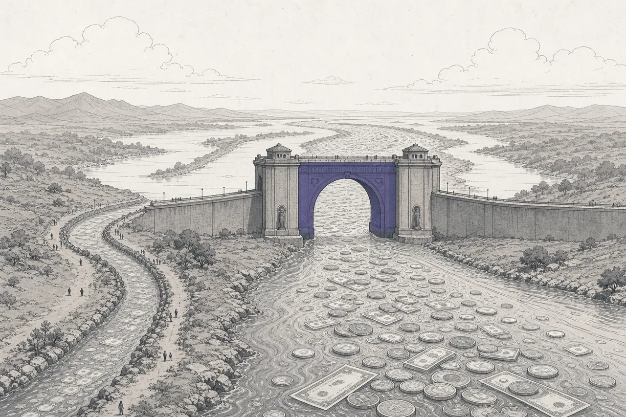 A massive tollgate straddles a flowing river of money. Off to the side, small shortcut paths are being dug to slip past the gate.