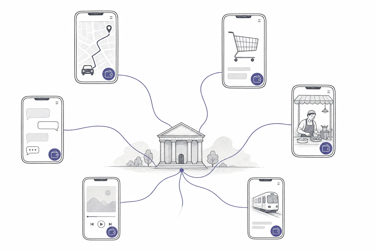 Various everyday apps — a ride-hailing app, a shop, a chat app — each have a tiny wallet icon embedded in a corner of the screen, all connected by thin lines to a central banking infrastructure behind them.