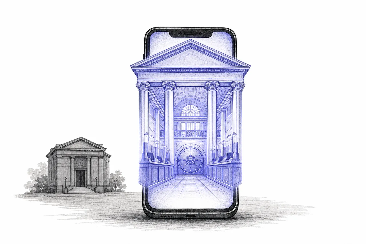 A single phone opens up into an entire bank building living inside its screen. Behind it, a traditional bank building looks smaller and emptier.