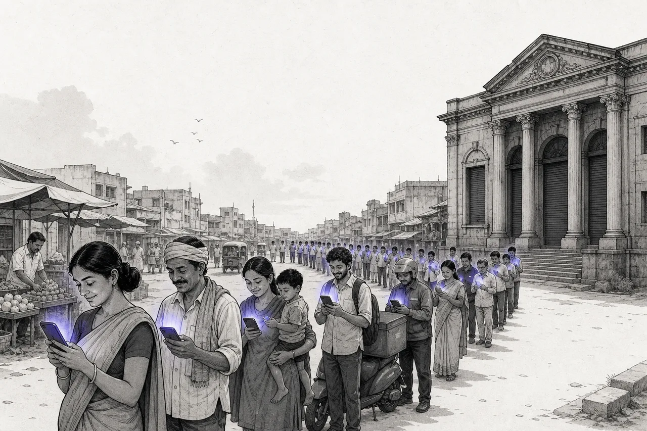 A long line of people in an emerging-market city are opening accounts on their phones under the sun, each holding a softly glowing phone, while an old bank building stands closed and silent behind them.