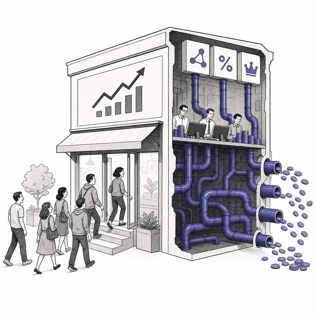 A big 'free' sign out front of a brokerage shop, but behind it several thin pipes are quietly siphoning revenue out of customers' buy and sell orders