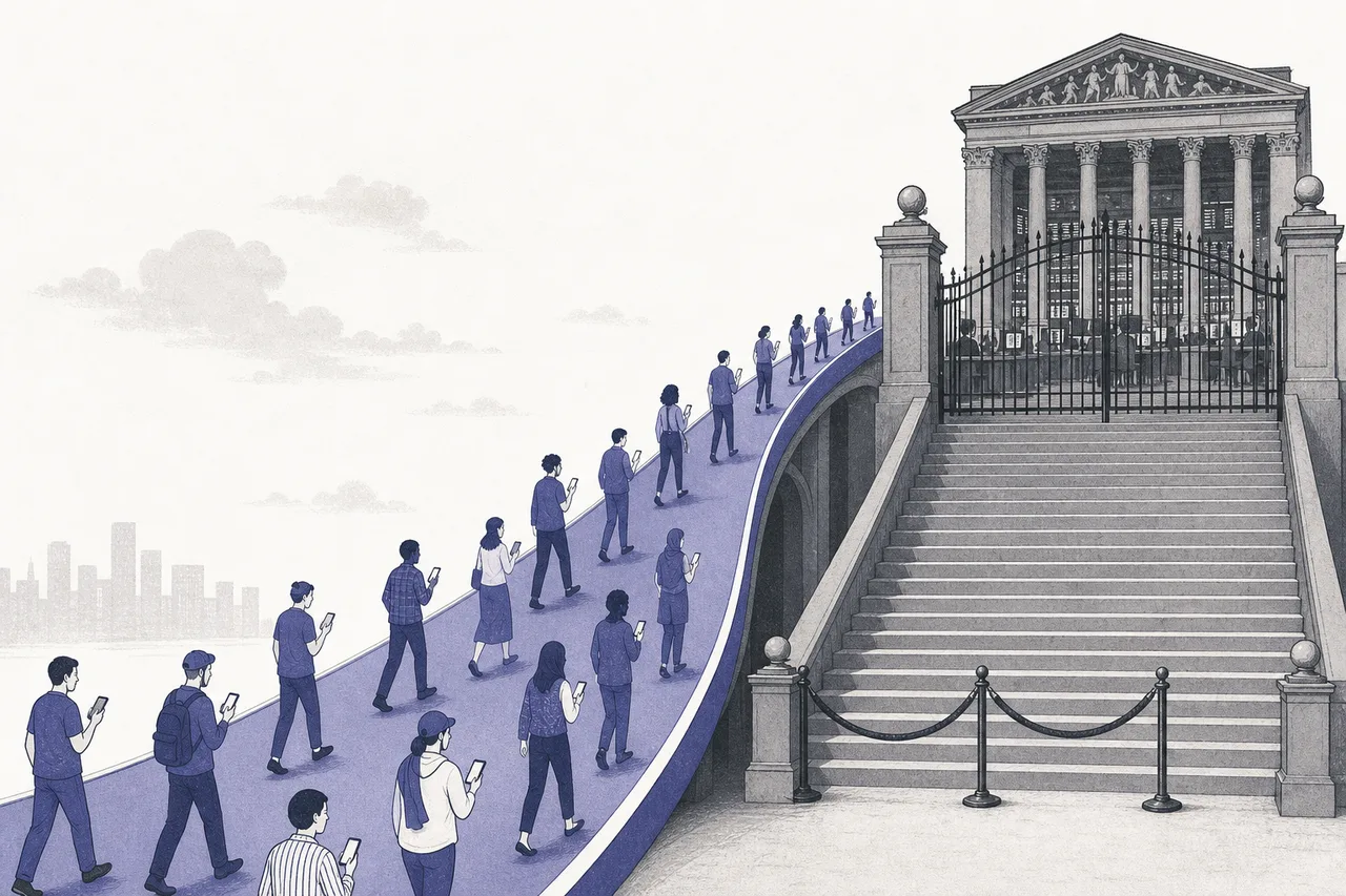 A grand stone staircase that once had a gate guarding the top, now replaced by a wide, gentle ramp that crowds of ordinary, small people are walking up into the financial market