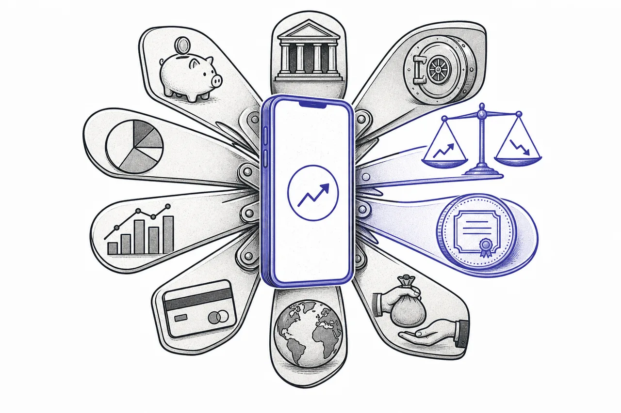 A single app that was once just a button to buy stocks gradually branches into multiple rooms — crypto, retirement accounts, prediction markets, and tokenized stocks — like a Swiss Army knife unfolding