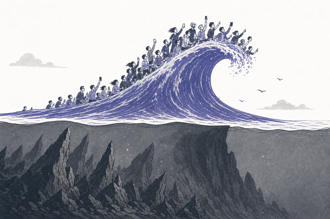 A wave curling upward carries crowds of small retail investors up with the bull market, but beneath the wave lie rocks waiting for the tide to go out
