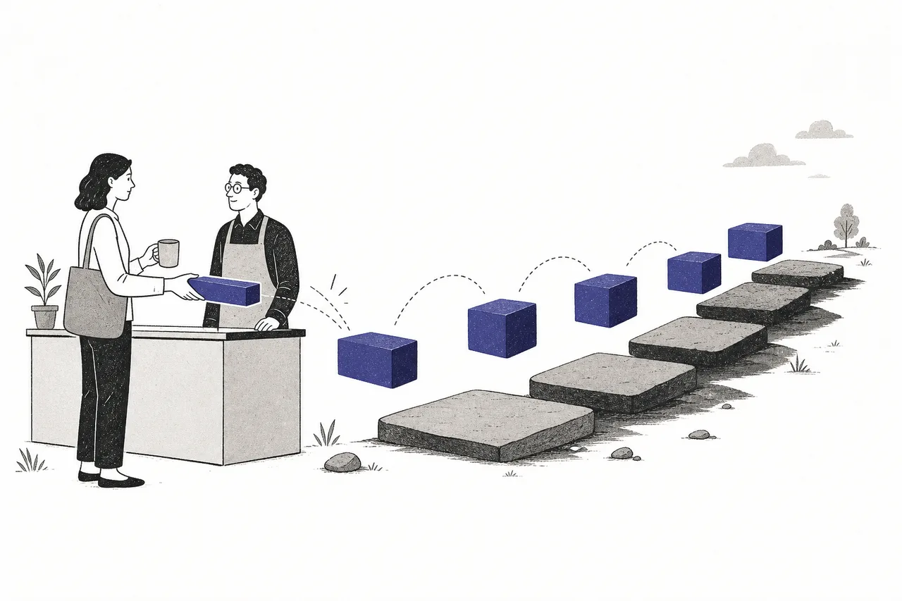 A person paying at checkout as the price lump gets cut into four small pieces, stretching out into a calendar ahead