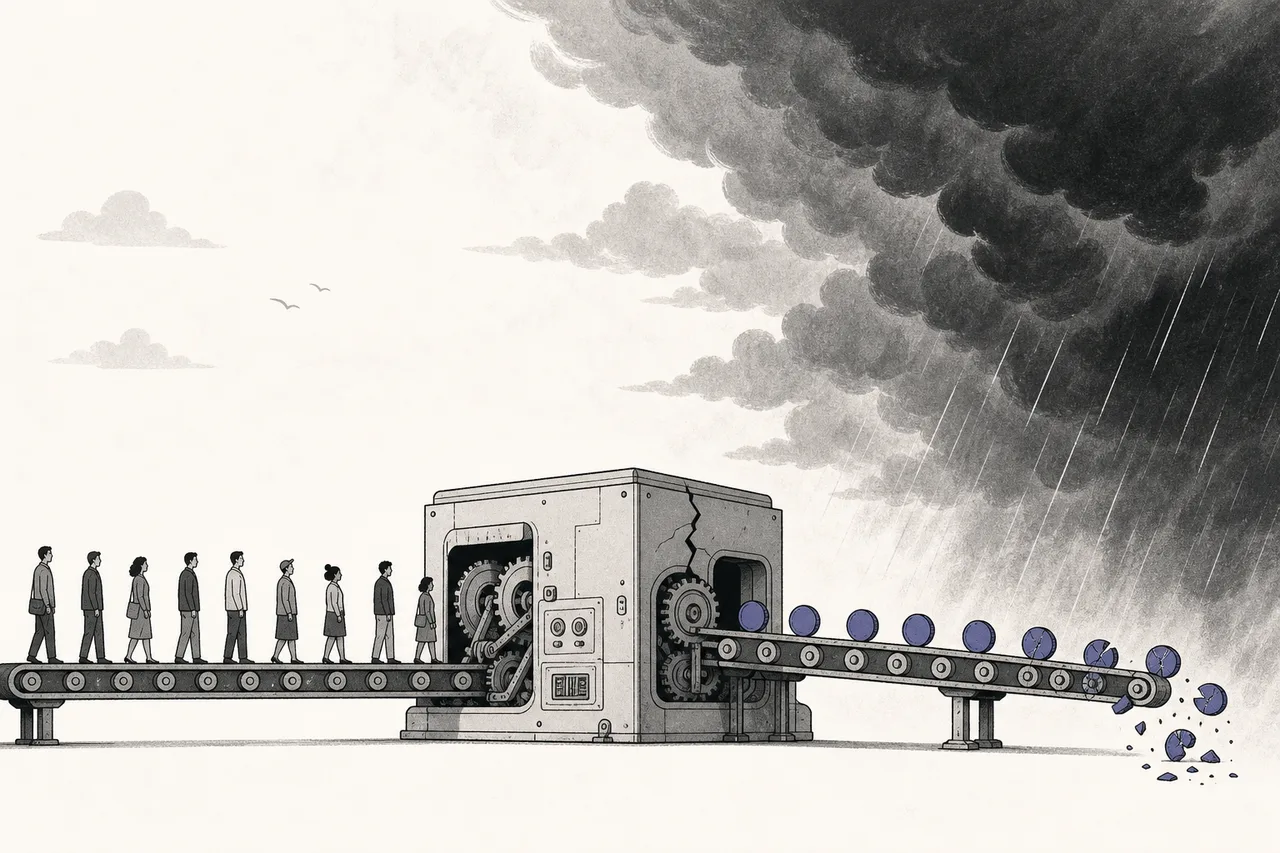 A loan-origination machine running smoothly under clear skies, then cracks starting to show as the storm clouds of the economic cycle move in