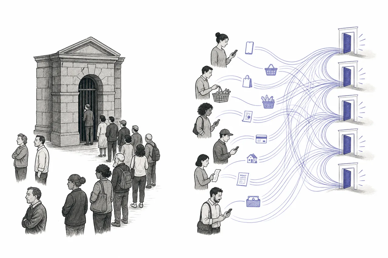 An old bank entrance with a long queue waiting outside, while on the other side many small streams of data flow directly to each person and open a small door for them