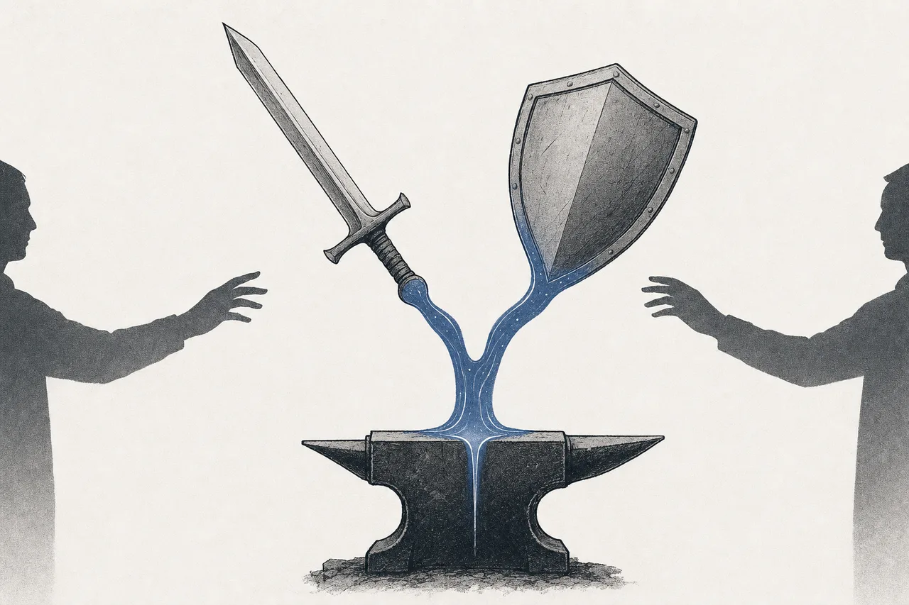 A sword and a shield forged from the same material, signaling that AI is both the attacker's weapon and the defender's tool