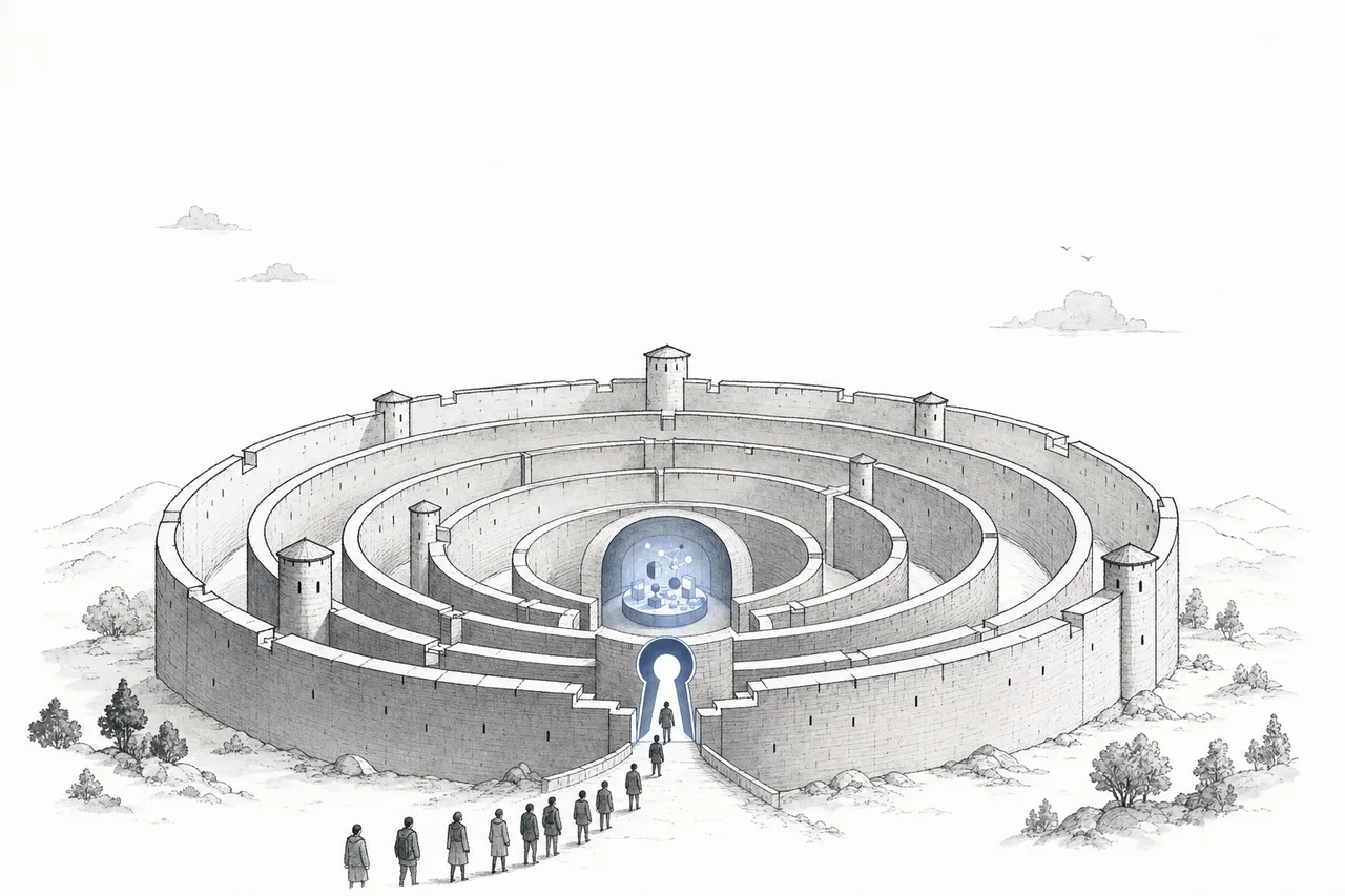 A digital castle ringed by layered walls, with a glowing identity key as the central gate everyone must pass through