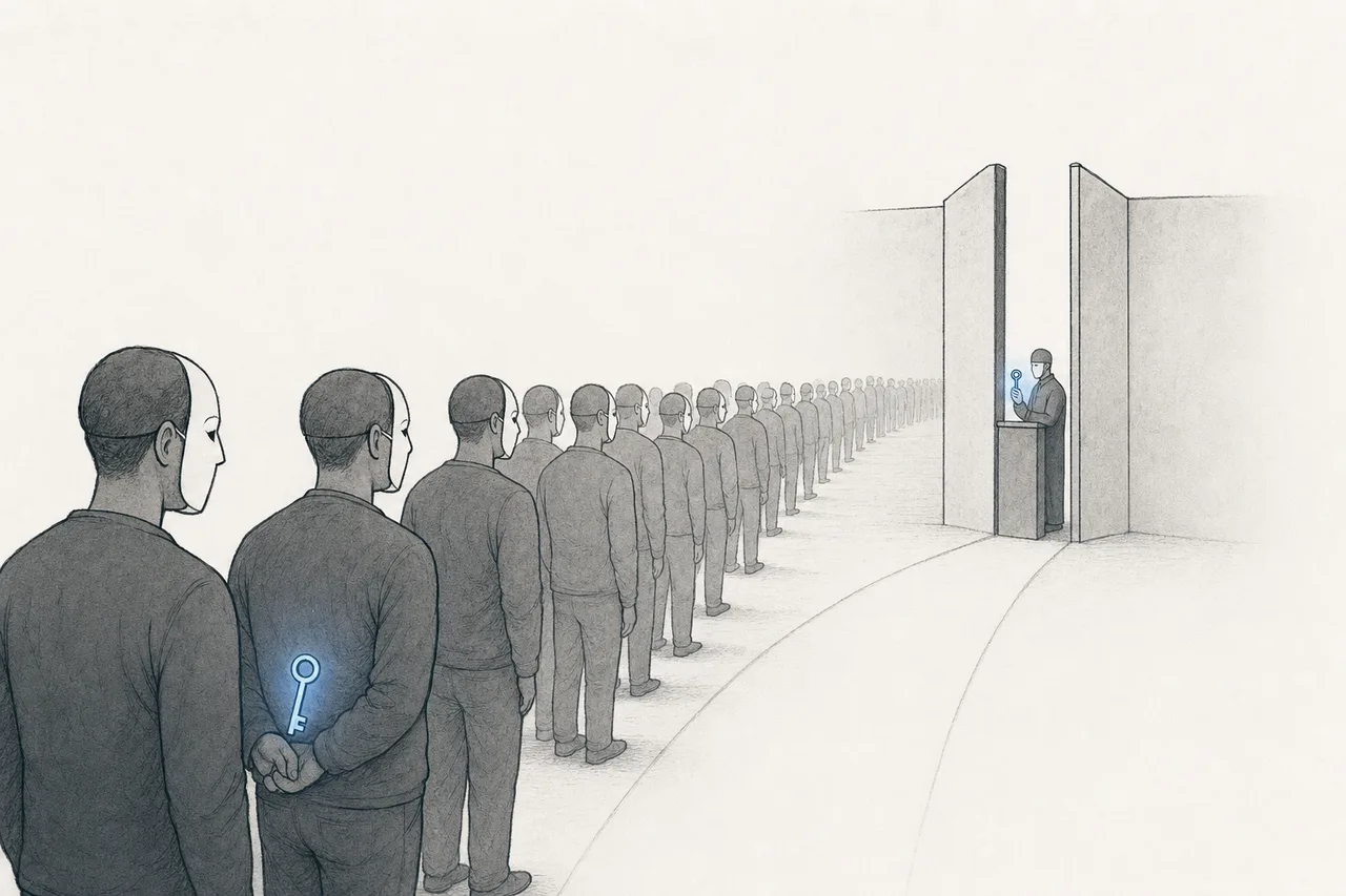 A crowd of people in identical masks lining up at one gate, with a glowing key acting as the guard checking each one's identity