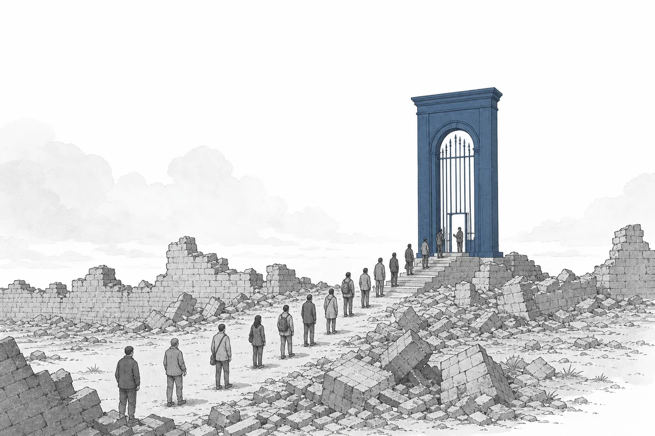 An old castle wall has collapsed, leaving a single identity-check gate standing in an open field, with people lining up to verify who they are.