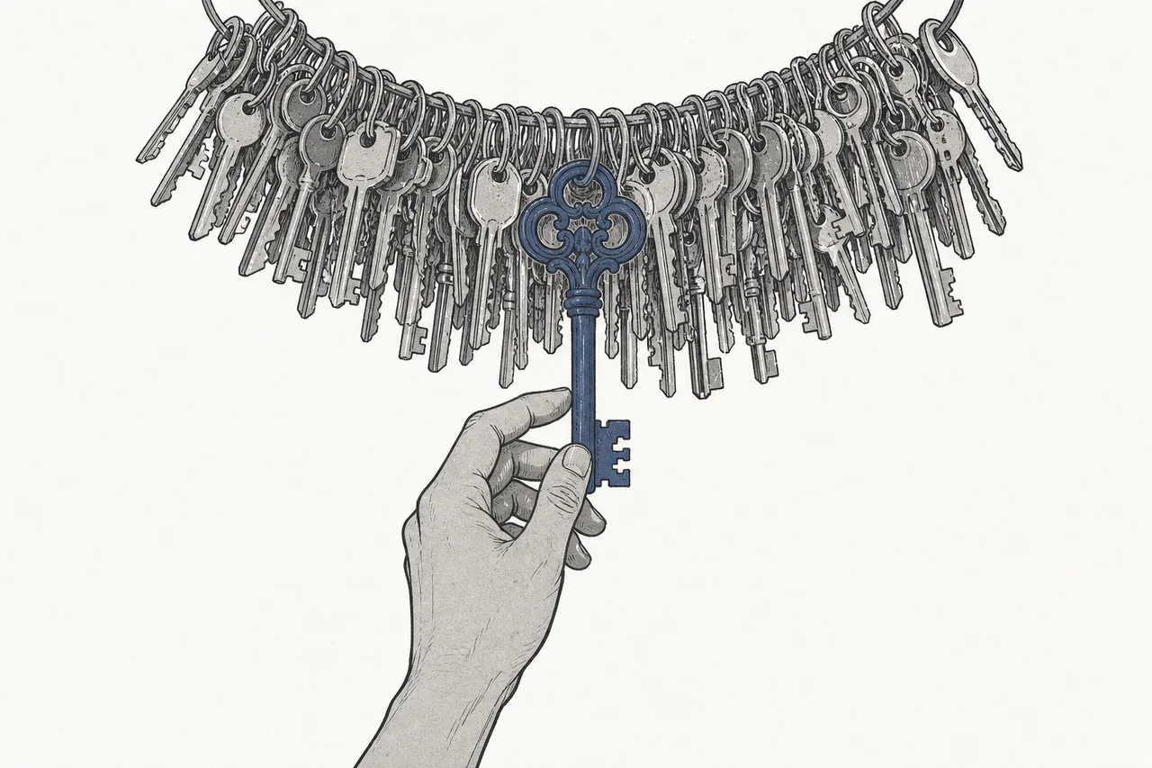 A massive keyring with hundreds of small keys hanging from it, as a hand reaches to pick the single large key that stands out from all the rest.
