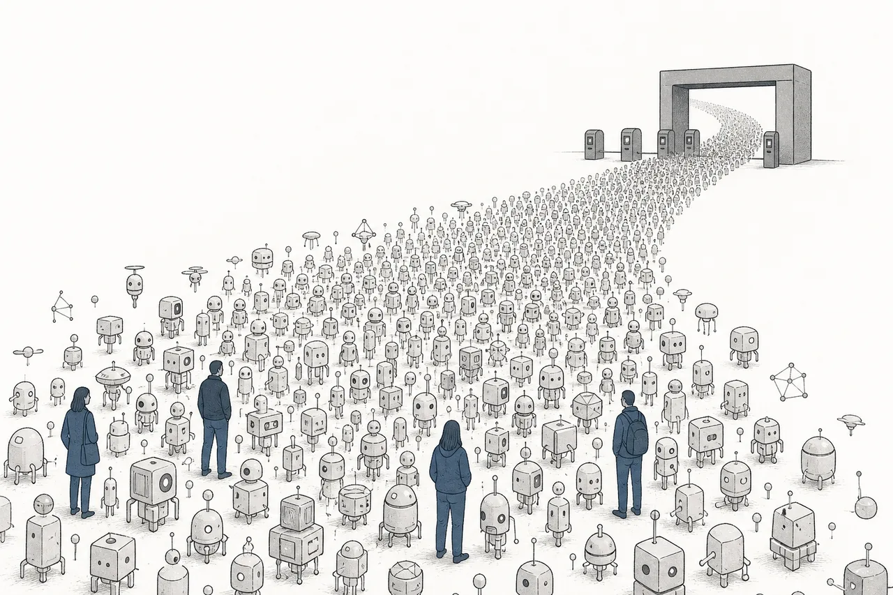 A vast crowd of small robots and machines lining up to enter an identity-check gate, with only a few real humans mixed into the throng.