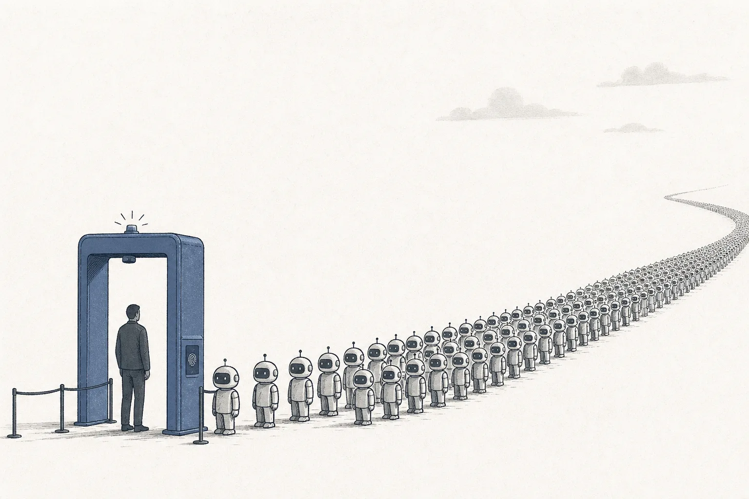 A massive swarm of tiny AI-assistant robots line up waiting to pass through the same identity checkpoint as humans, reflecting that in the future AI agents will also need an identity and access rights.