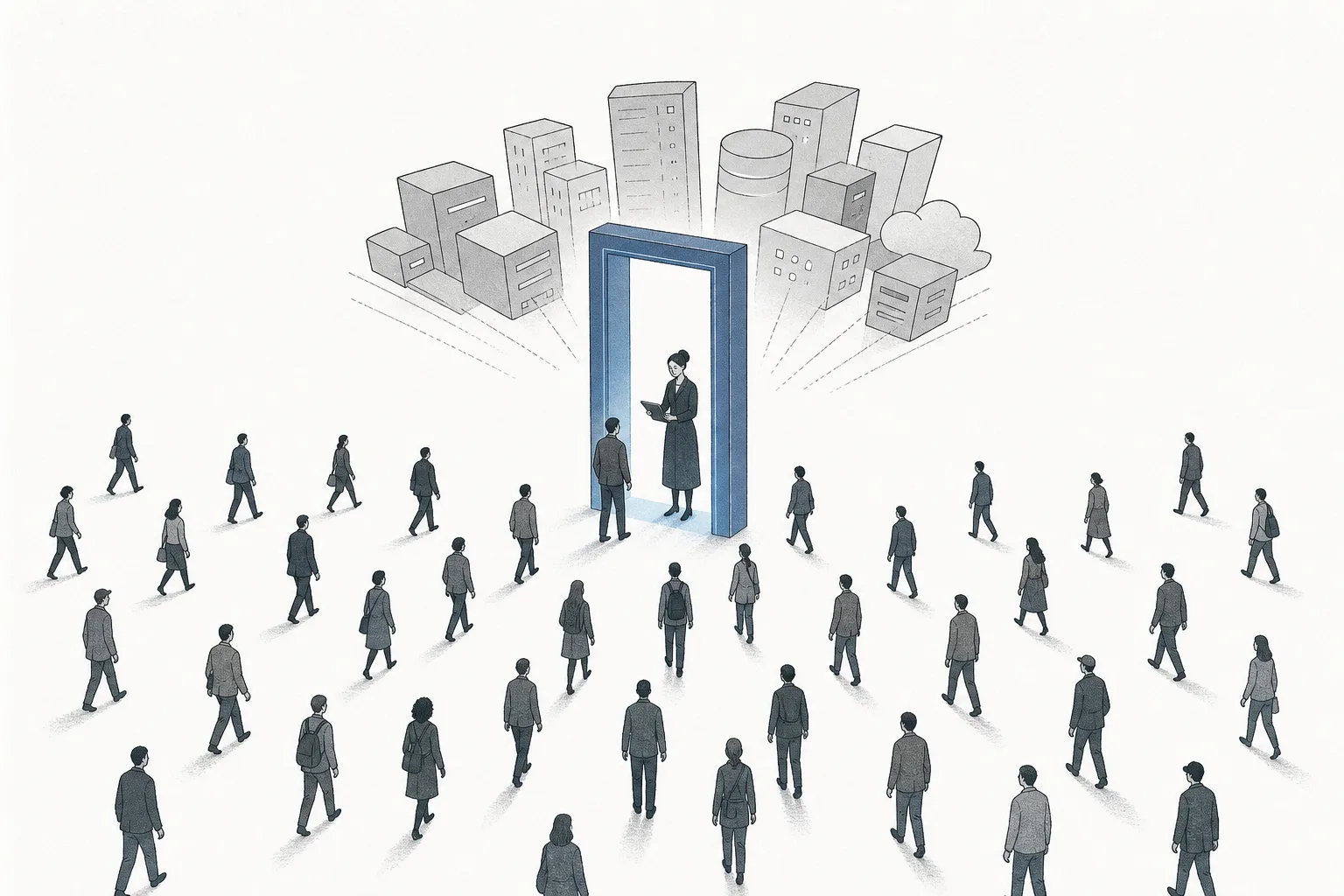 Diverse people walk toward a single door floating in mid-air, with a guard checking identity standing watch; behind it are buildings of various apps, all turning to trust this same door.