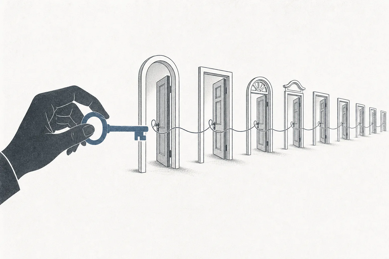 A single key serving to open many doors lined up in a row, representing the idea of single sign-on where one login gets you into every app.