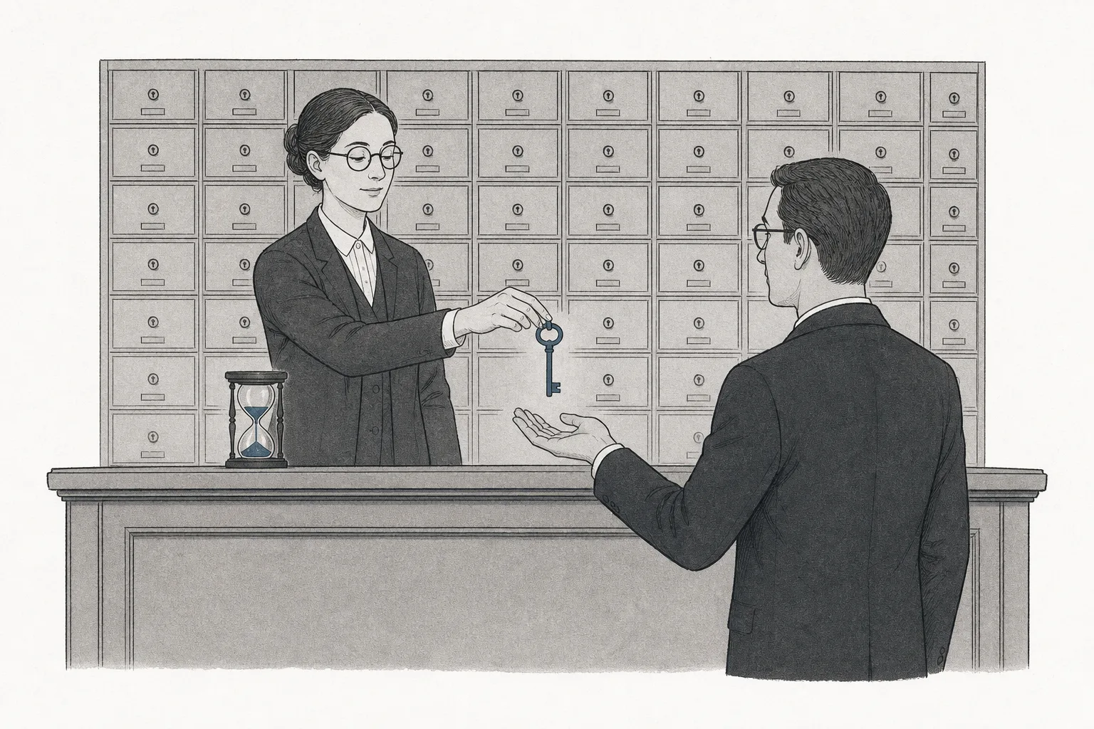 A librarian acting as middleman takes a key from a vault and hands it to a system administrator for temporary use, with an hourglass timing the session.