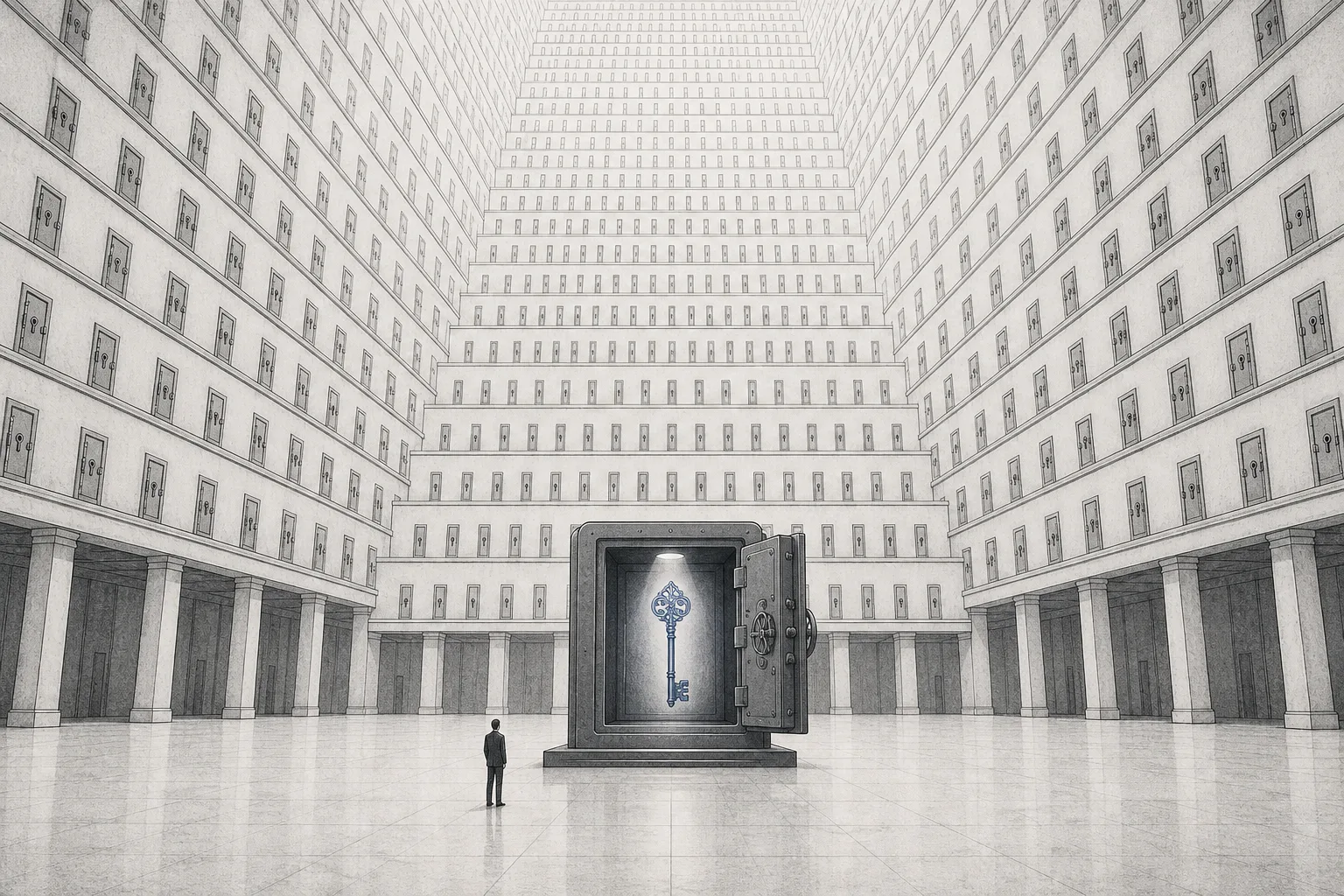 A single large, dark key sits inside a vault in the middle of a massive office building's lobby, with hundreds of room doors lined up all around it.