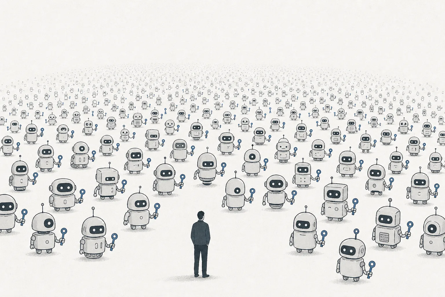 A single human stands in the middle of a vast swarm of bots and AI agents, each holding its own key.