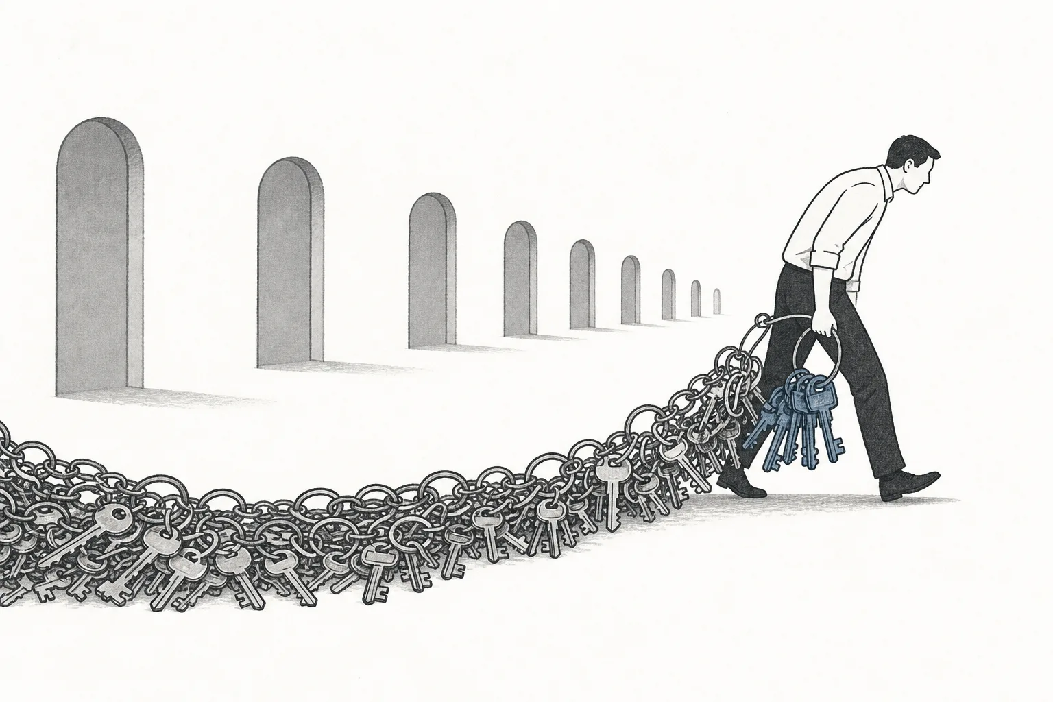 An employee walks through the organization with a key ring that drags along the floor and swells bigger each time they change departments, with no one taking the old keys back.