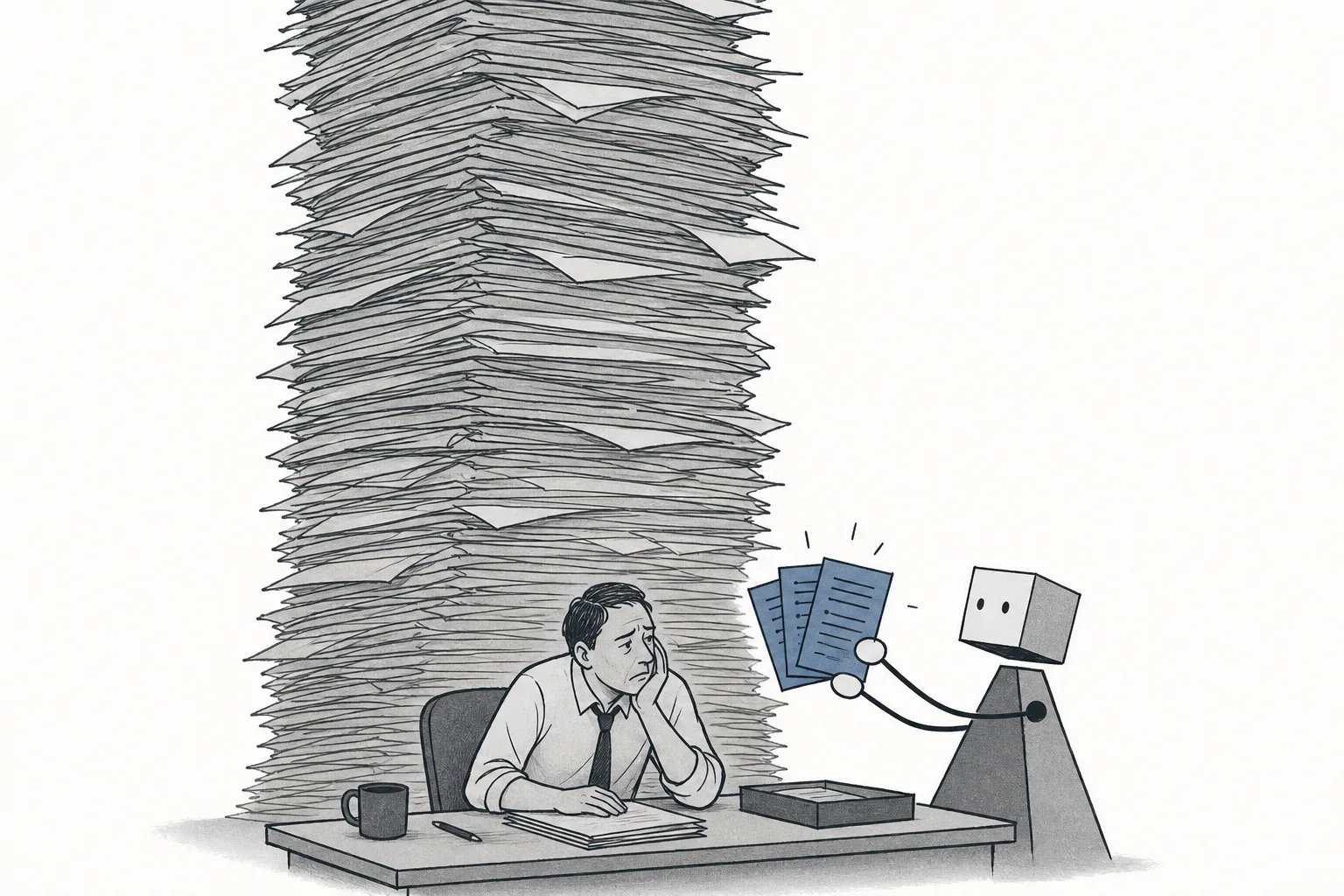 A single manager faces a huge pile of access-request paperwork to sign off, while a smart machine assistant filters them and flags only the suspicious items to look at.